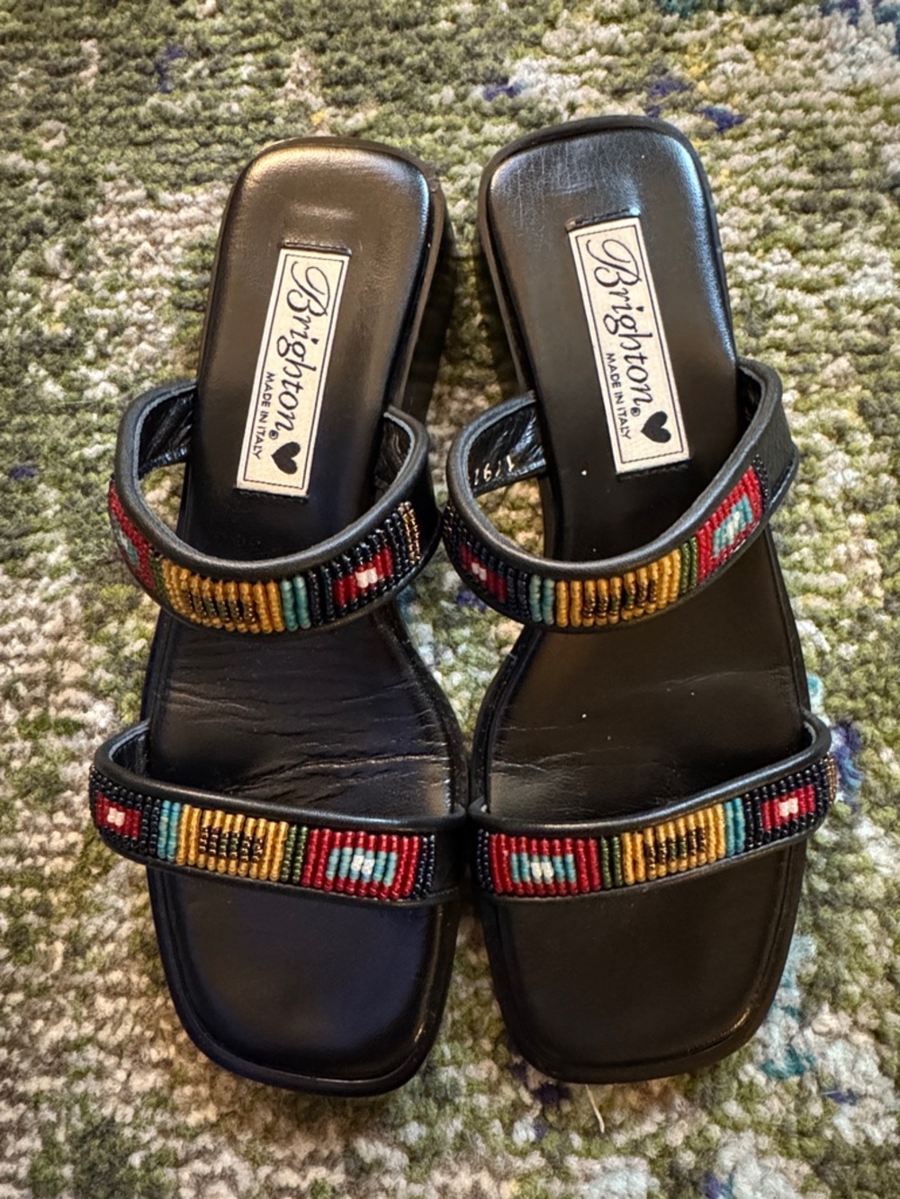 NWOT Brighton Black Sandal Slides with Multicolor Bead Accents